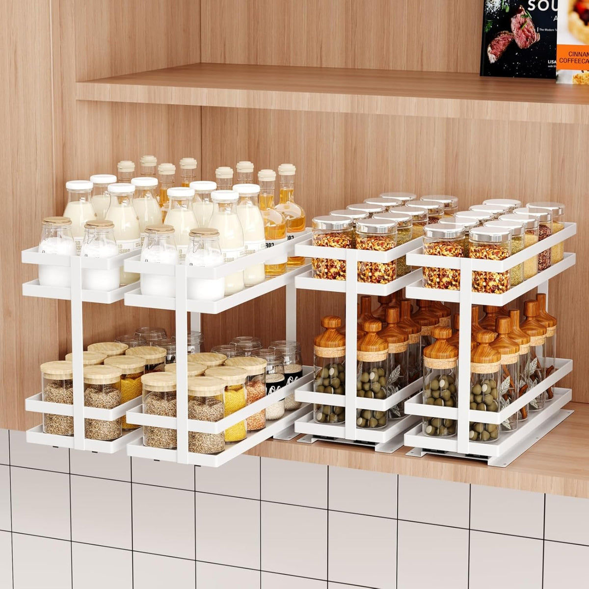 2 Pack Pull Out Spice Rack Organizer for Cabinet, 2 Tier Metal Slide Out Seasoning Organizer and Storage Heavy Duty Vertical Spice Rack Shelf Pullout for Kitchen Cabinets No Drilling (Black)