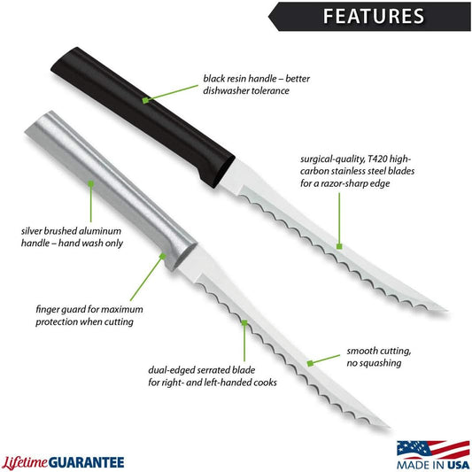 Tomato Slicer Knife (R126), Silver Handle | 5" Stainless Steel Serrated Blade, Silver Cast Aluminum Handle