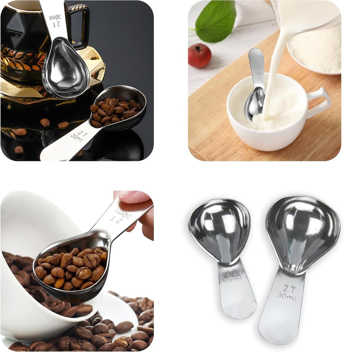 15ml 30ml Coffee Measuring Spoons Set, Black | stainless steel scoop, for tea leaves, coffee beans, ground coffee, milk powder, baking ingredients
