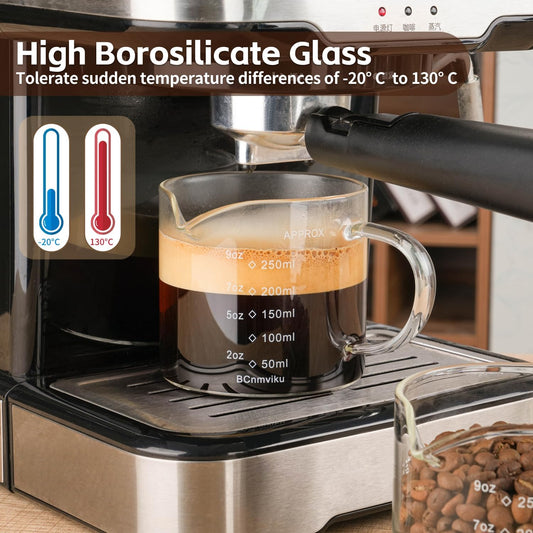 Espresso Cup Measuring Cup Triple Pitcher Milk Cup 250ML/8.5OZ Espresso Cups with Handle Shot Glass with V-Shaped Mouth Clear Accessories Milk Frothing Pitcher (1)