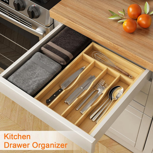 Bamboo Utensil Organizer for Kitchen Drawers, Utensil Tray and Cutlery Silverware Holder,Wood Drawer Dividers with 5 Slots,2 pack