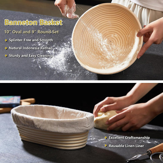 Sourdough Bread Baking Set, 10 Inch Oval & 9 Inch Round Banneton Bread Proofing Baskets with Linen Liner, Silicone Bread Sling, Danish Dough Whisk, Dough Scraper Kit, Silicone Brush & Spatula