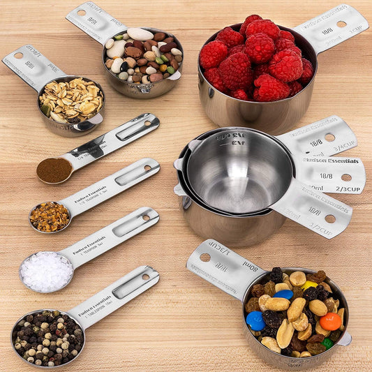 Stainless Steel Measuring Cups and Spoons Set - Stackable Set with Spout (11 Piece Set)