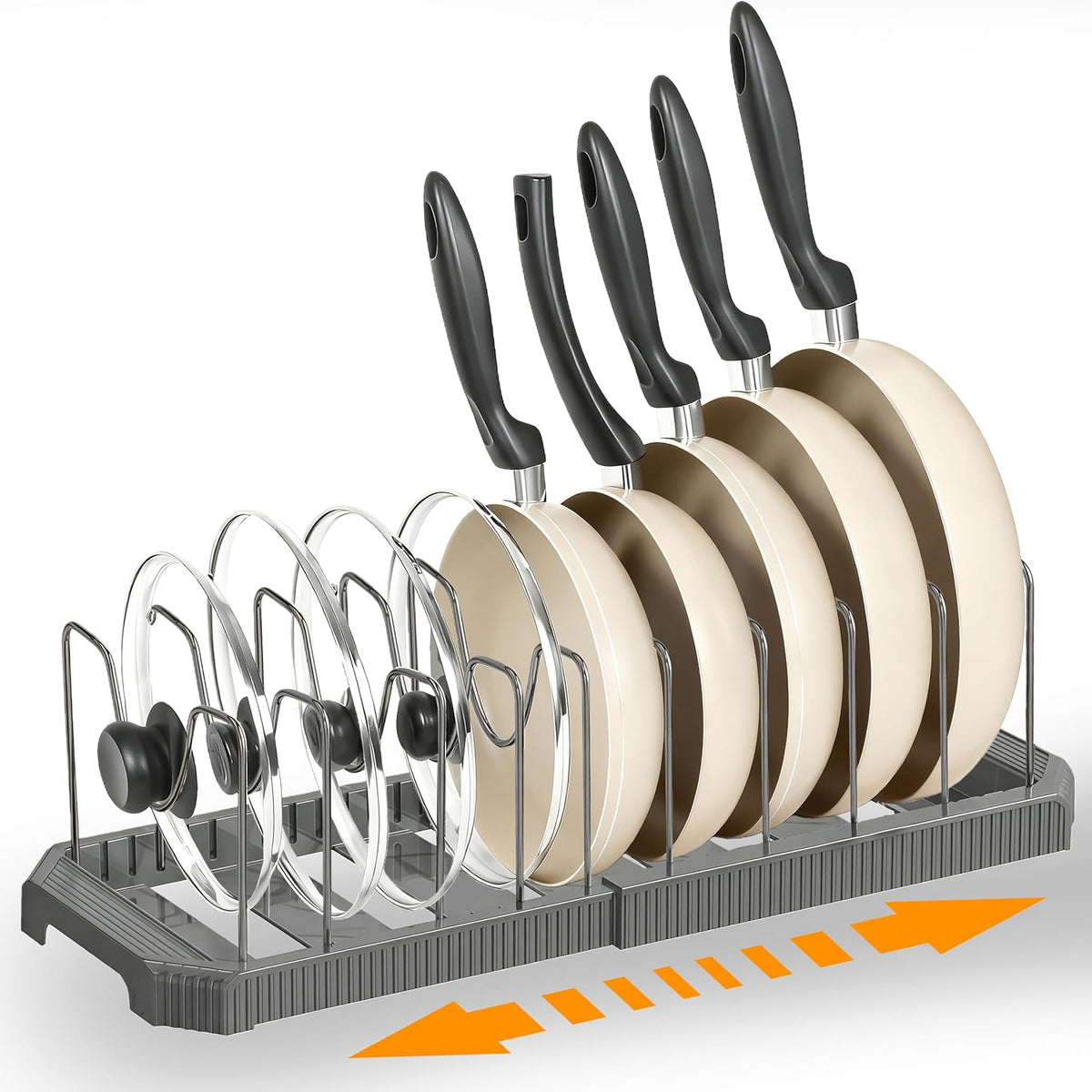 Adjustable Pot Lid Organizer, 9 Compartment Cabinet Storage for Pans, White | Width adjusts 12 to 20 in, holds pots pans lids cutting boards, wire dividers, non-slip feet, space-saving for kitchen