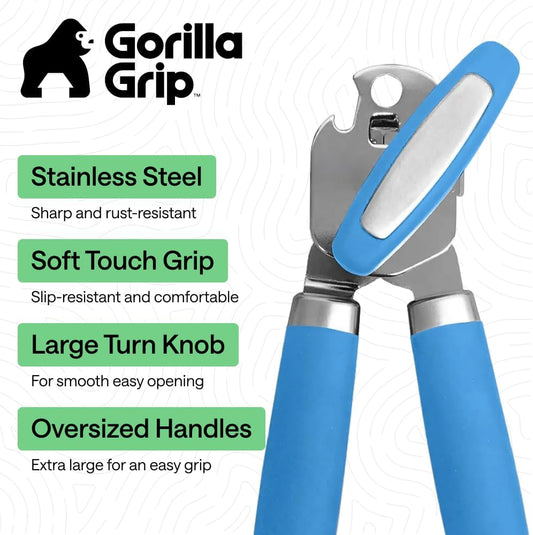 Heavy Duty Stainless Steel Smooth Edge Manual Can Opener and Bottle Openers, Soft Comfortable Handle, Oversized Handheld Turn Knob, US Designed Multifunctional Kitchen Tool, Cyan
