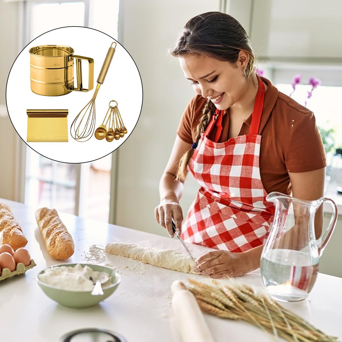 Gold Flour Sifter Baking Tool Set, Stainless Steel 4-Piece Kit with 10" Whisk, Dough Scraper & 5 Measuring Spoons, Mirror Polished, Easy to Clean, for Cake Bread Cookie Prep