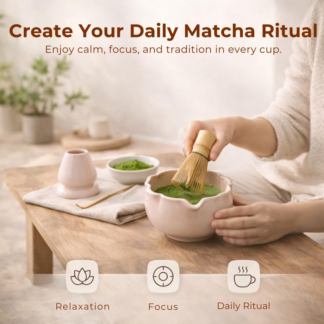 Ceramic Matcha Set – Complete Matcha Kit with Bowl, Whisk & Holder – Sakura Japanese Tea Ceremony Set – Easy Starter Matcha Set for Beginners – Matcha Gift Set