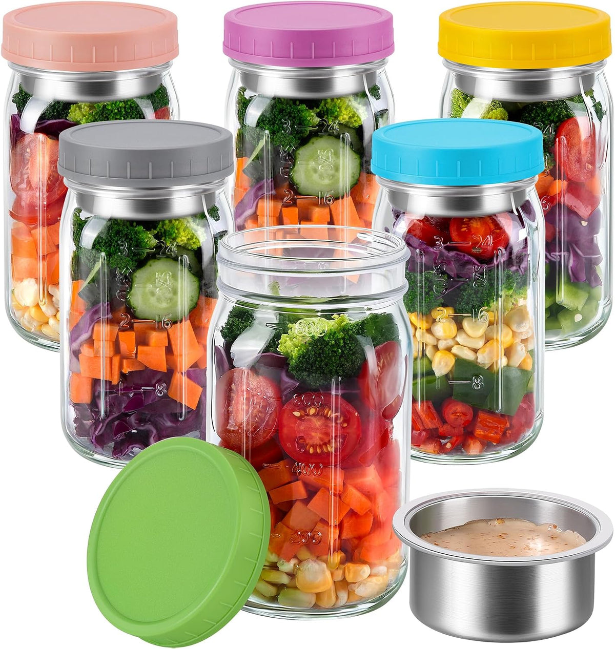 Glass Salad Jars with Lids & Dressing Cups for Prep & Lunch, 32 oz