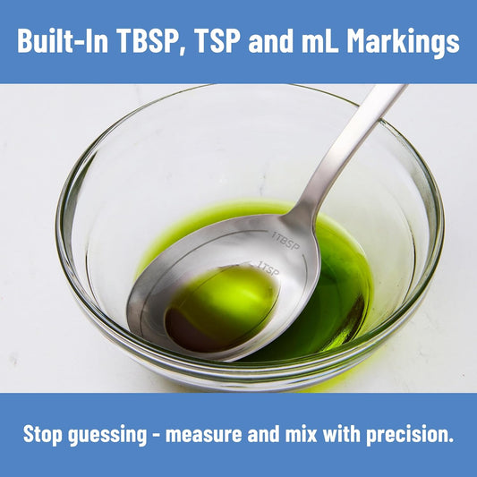 Measuring Chef Spoon – Stainless Steel Cooking Spoon with Engraved Tablespoon Teaspoon and Milliliter Markings for Precise Measuring Mixing Sauces Dressings Marinades and Cooking Prep