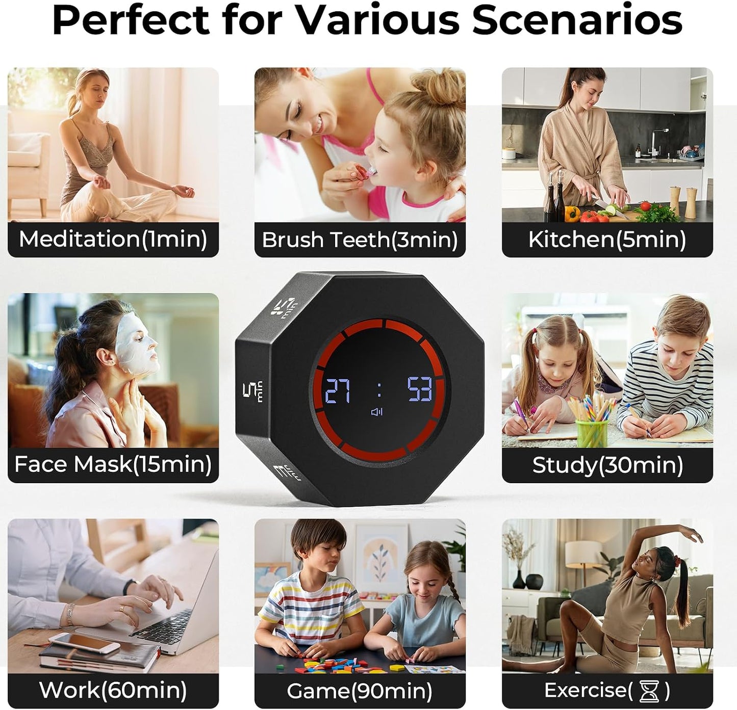 Rechargeable Pomodoro Timer, Small Gravity Timer (Pearl White) | Seven Preset Flip Times (1/3/5/15/30/60/90 min) and Count-Up Mode: Digital Kitchen Timer for Cooking, Work, and Study