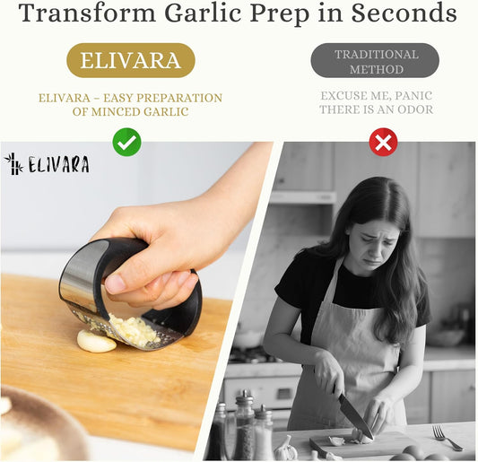 Stainless Steel Garlic Press Rocker Set (Black) - Includes Silicone Peeler and Cleaning Brush for Effortless Garlic Mincing