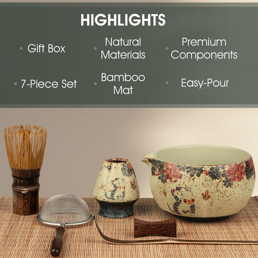7-Piece Matcha Set,Matcha Bowl & 100-Prong Purple Bamboo Whisk | Intricate Hand-Applied Decal, Bamboo Tea Mat Included, 100-Prong for Creamy Foam, Japanese Tea Ceremony, Matcha Lover Gift