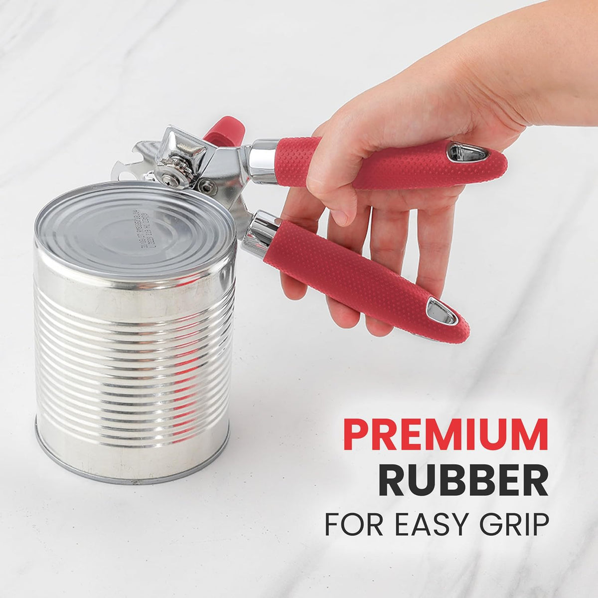 Heavy Duty Stainless Steel Can Opener Manual with Large Bottle Opener - Manual Can Opener with Turn Knob with Soft Grip Handles - White