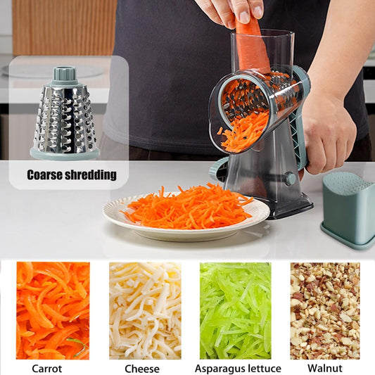 Hand Crank Rotary Cheese Grater Veggie Slicer Carrot Shredder | With 3 interchangable sharpe drum blades, strong sunction base, shred block of cheese in seconds, safe and efficient