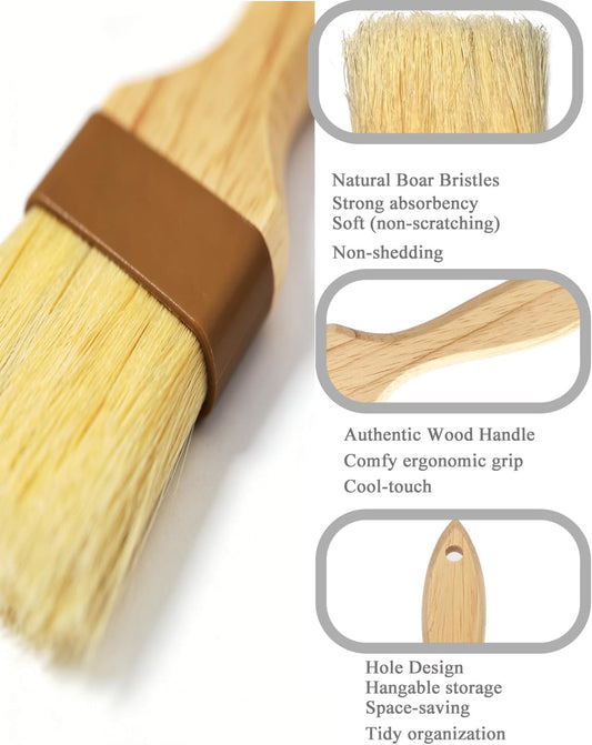 Pastry Basting Brush - Food Brushes, Non-Shedding Natural Boar Bristle, Heat Resistant Wooden Handle, Durable Kitchen Tool for Baking, Cooking, Butter, Egg Wash, Glazing, Oil, Sauce (1" & 1", 2 pc)