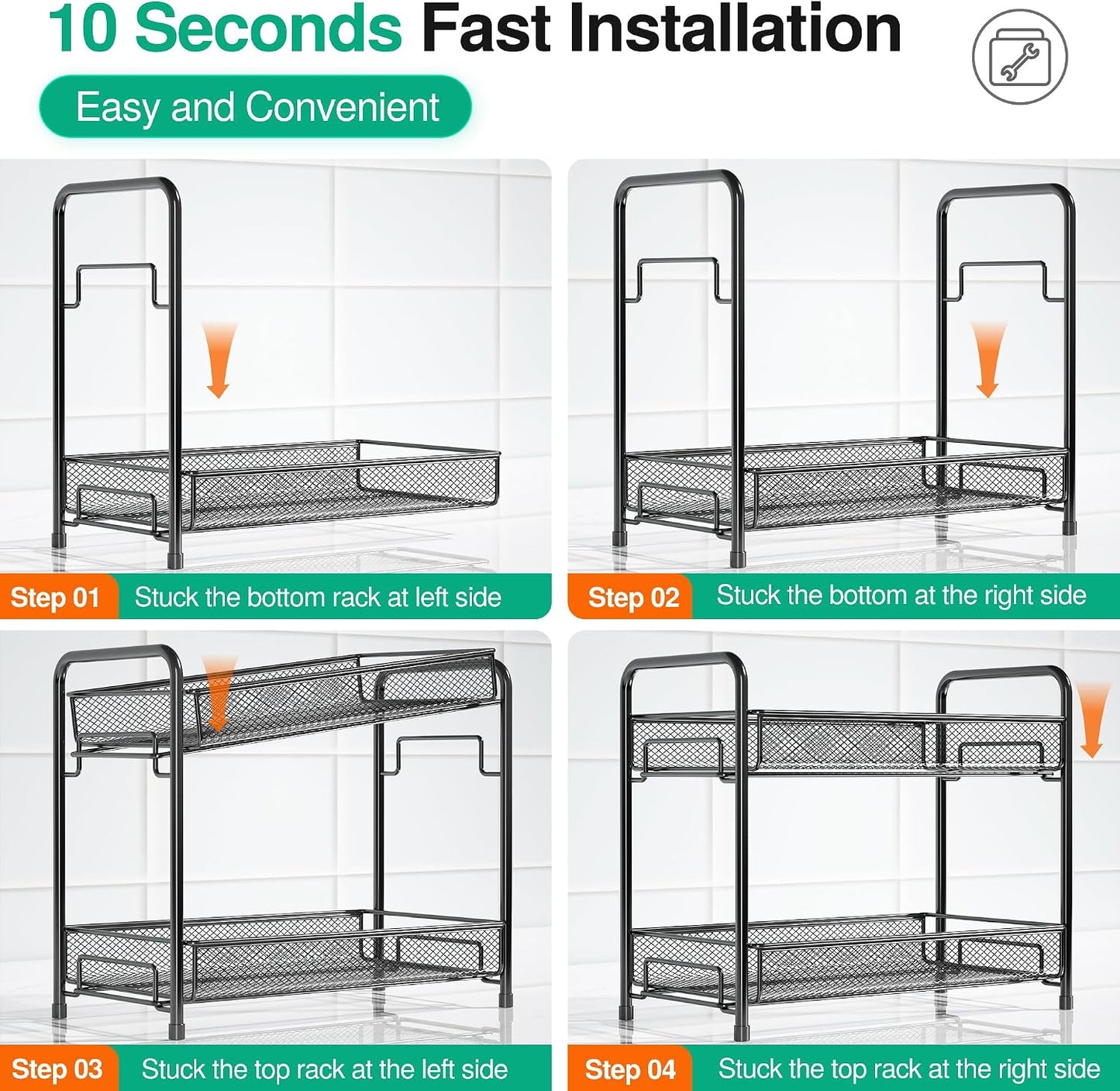 Spice Rack Organizer for Countertop, 2-Tier Foldable Metal Rust-Proof Standing Large Seasoning Storage Shelf with Guardrail and Mesh Design for Kitchen Cabinet Bathroom Living Room Pantry, Black
