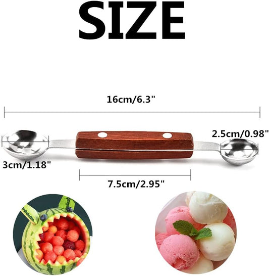 Double-Sided Fruit Melon Baller Spoon with wood handle, 2 in 1 Stainless Steel Scoop Cutter 16cm (2 Pack)