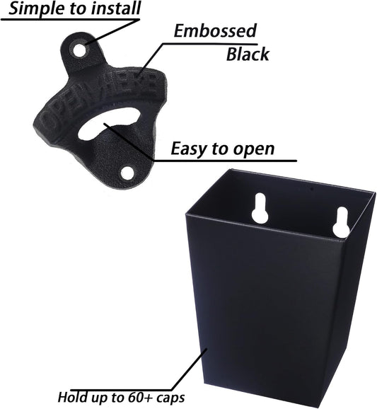 Satin Black Cast Iron Bottle Opener Wall Mounted with Bottle Cap Catcher Narrow