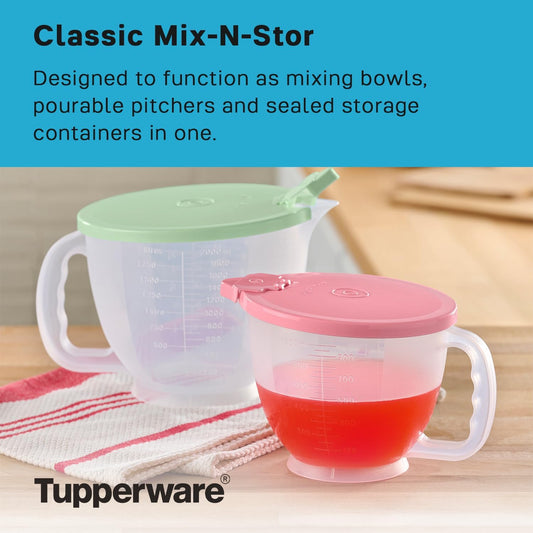 Classic Mix-N-Store Pitcher Set in Mint Green and Candy Pink, Dishwasher Safe and BPA Free (2 Bowls, 2 Lids)
