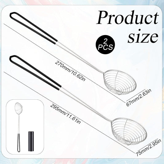 2Pcs Stainless Steel Hot Pot Strainer Spoons, 2 Sizes Fatsoff Soup Scoop Boba Spoon Scoop with Handle Ladle Wire Cooking Spider Skimmer Spoon for Hot Pot, Kitchen, Meatball, Oil Filter Black