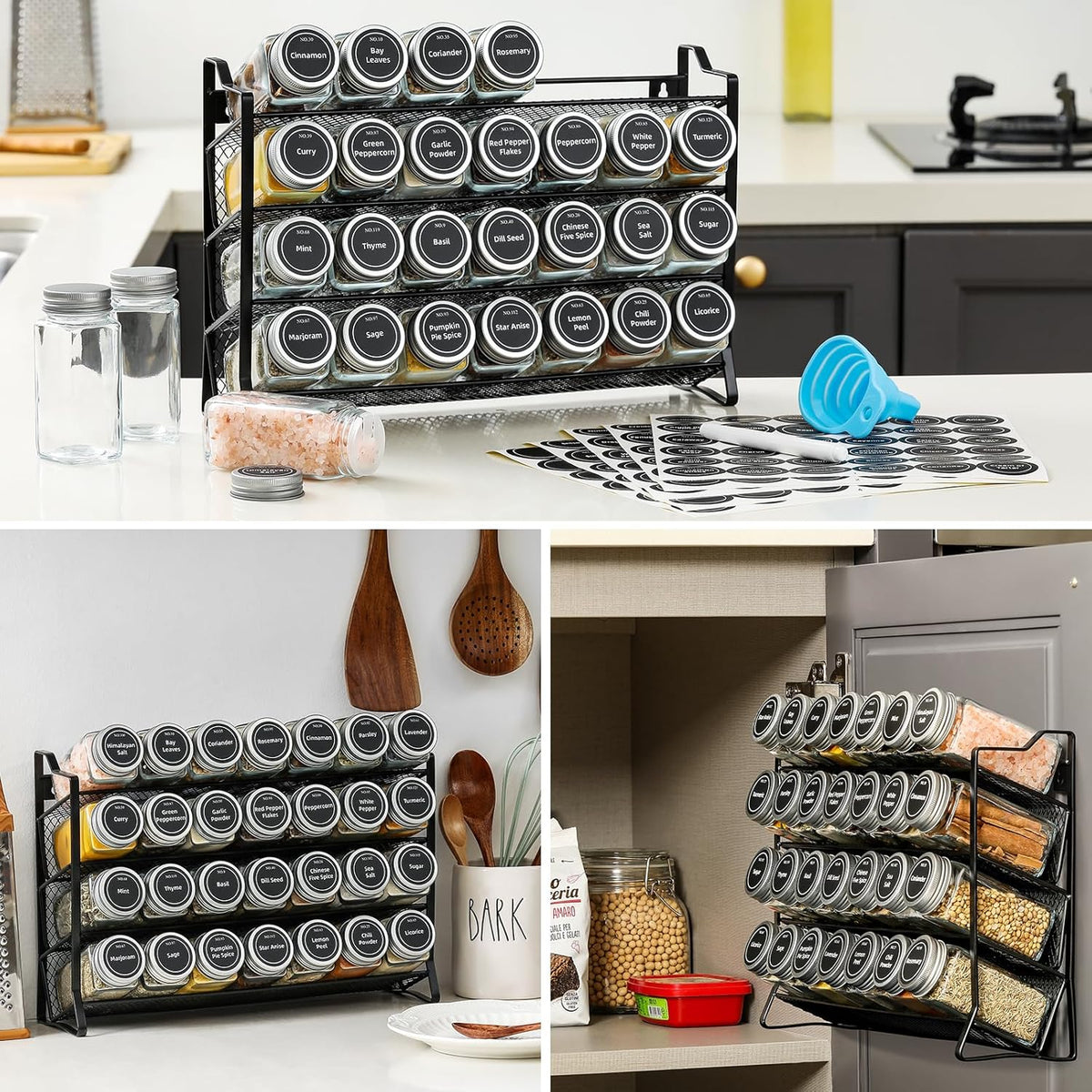 Spice Rack Organizer for Cabinet, Spice Organizer with 28 Empty Spice Jars with Black Lids, Funnel, Spice Labels, Seasoning Organizer for Countertop, Cabinet, Kitchen, Pantry, Cupboard