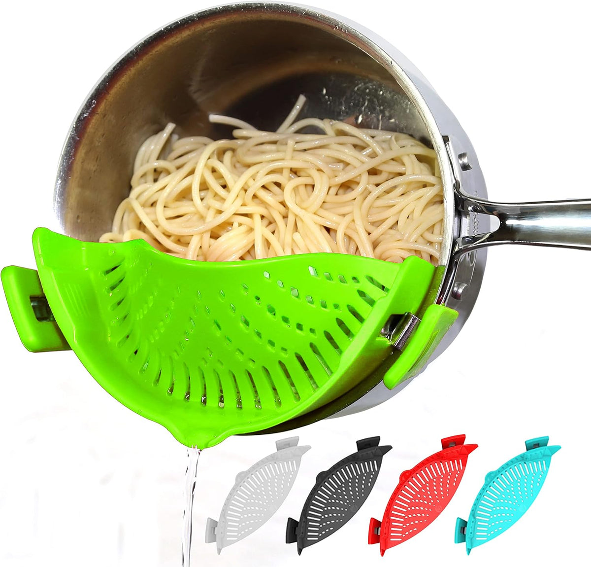 Clip On Pasta Strainer Silicone Universal Fit for all Pots and Bowls Snap On Drainer for Meat, Vegetables, Fruit Colander for Kitchen Easily Drain Food Space Saving