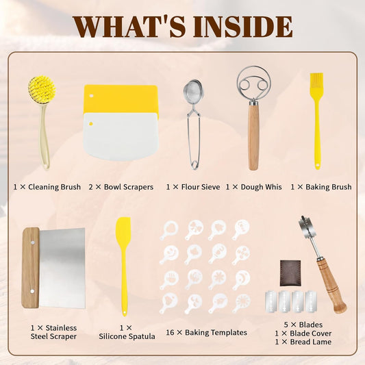 Sourdough Bread Baking Tool Set with Bread Lame & Blades, Bowl Scraper | Danish Dough Whisk Dough Scraper,Cleaning Brushand Silicone Brush Filter Tennis Ball,Spraying template, Sourdough Starter Kit