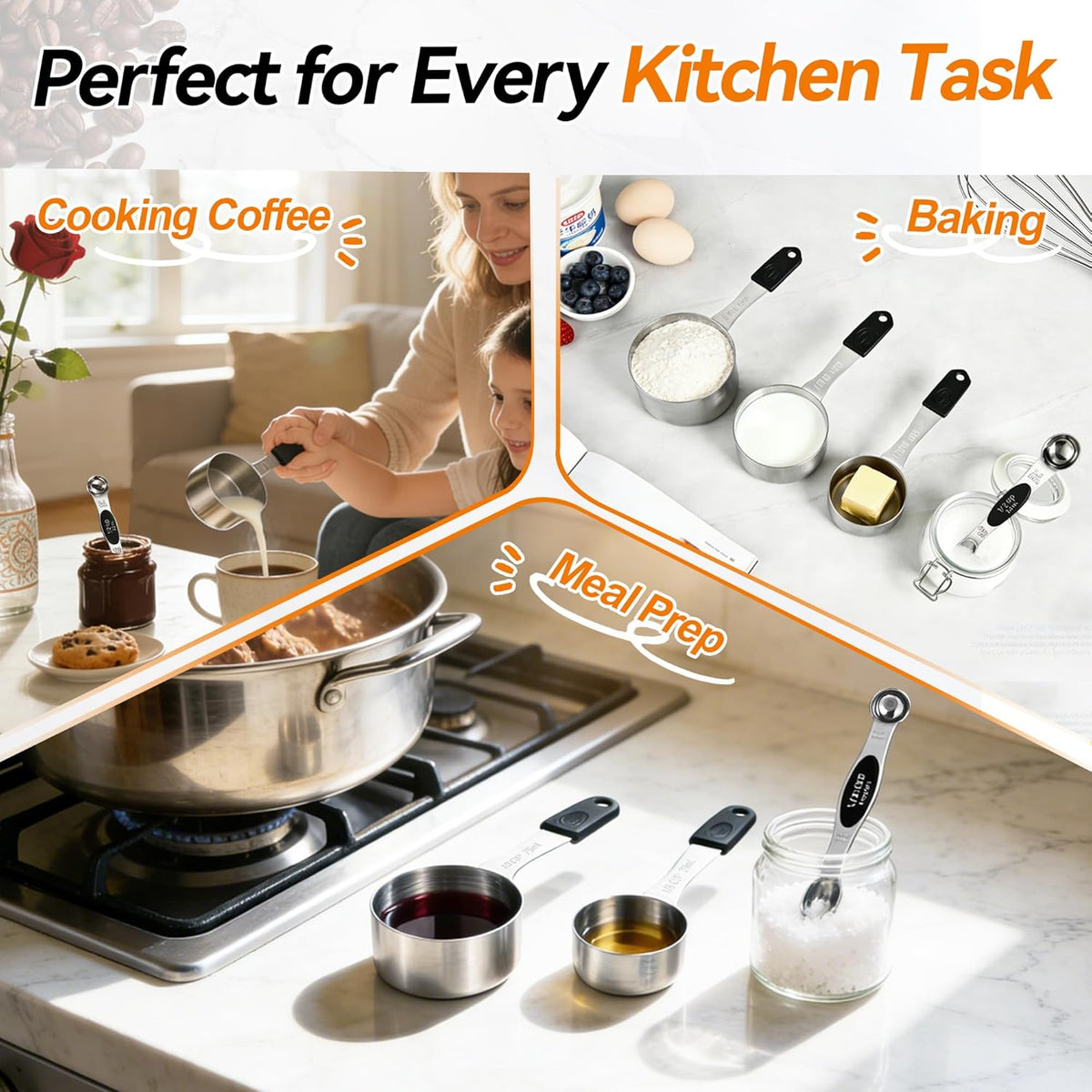 Magnetic Measuring Cups and Spoons Set of 13, Stainless Steel | 5 Magnetic Cups and 8 Double-Sided Spoons with Leveler, Stackable, Kitchen Gadgets for Cooking and Baking