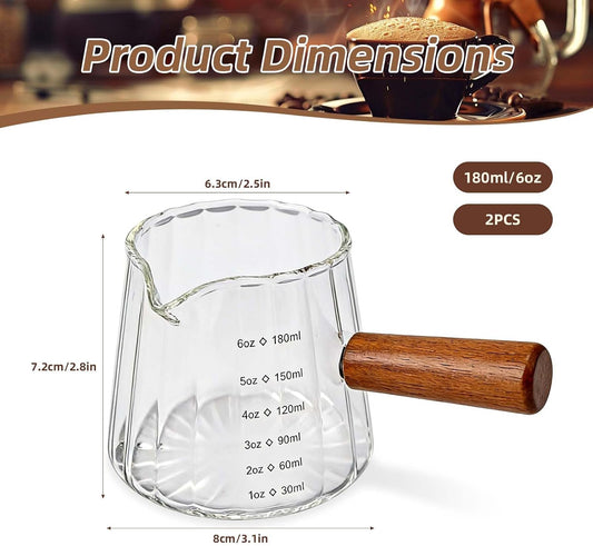 2pcs Espresso Measuring Cups, 6oz Transparent Espresso Shot Glass Measuring Cup with Wood Handle & V-Shaped Spout for Coffee Milk Tea Liquid Serving Bar Accessories