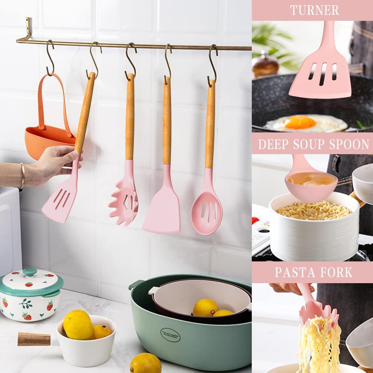 Kitchen Cooking Utensils Set, 33 pcs Non-Stick Silicone Cooking Kitchen Utensils Spatula Set with Holder, Wooden Handle Silicone Kitchen Gadgets Utensil Set (Khaki)