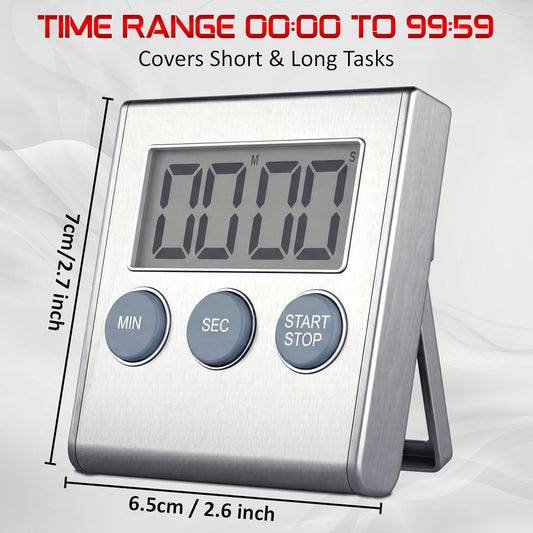Digital Kitchen Timer with Loud 80dB Alarm & Large Display | Magnetic countdown timer with adjustable stand, auto memory, stopwatch feature for cooking, classroom, study, kids - Silver