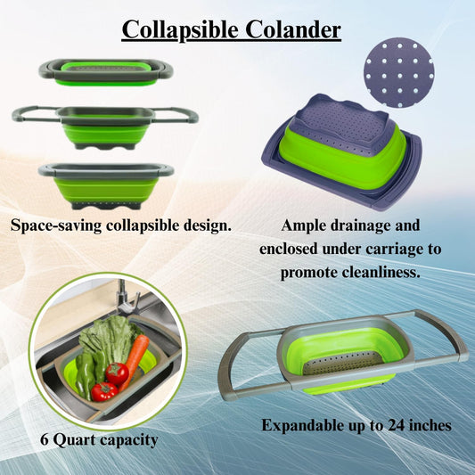 2-in-1 Silicone Strainer Set | Collapsible Colander | Over the Sink Silicone Collander With Extendable Handle | Clip-on Pot Strainer for Pots and Pans| Space-Saving, Heat-Resistant