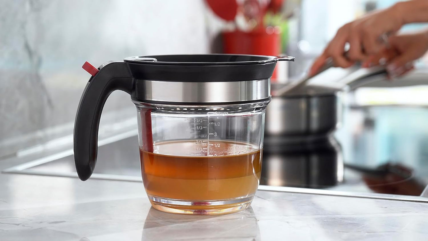 Fat Separator with Bottom Release, Plastic, 4 Cup Strainer with Handle, Grease Strainer Dishwasher Safe, Oil Separator for Kitchen