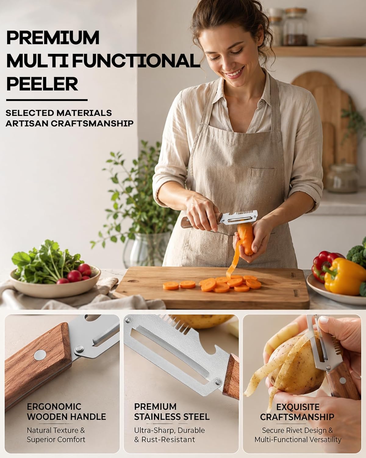 2 Pack Multi-Functional Stainless Steel Thickened Fruit Peeler Knife for Kitchen, Ultra-Sharp Blade with Wooden Handle and Bottle Opener, for Fruit Veggie that Need to Be Peeled