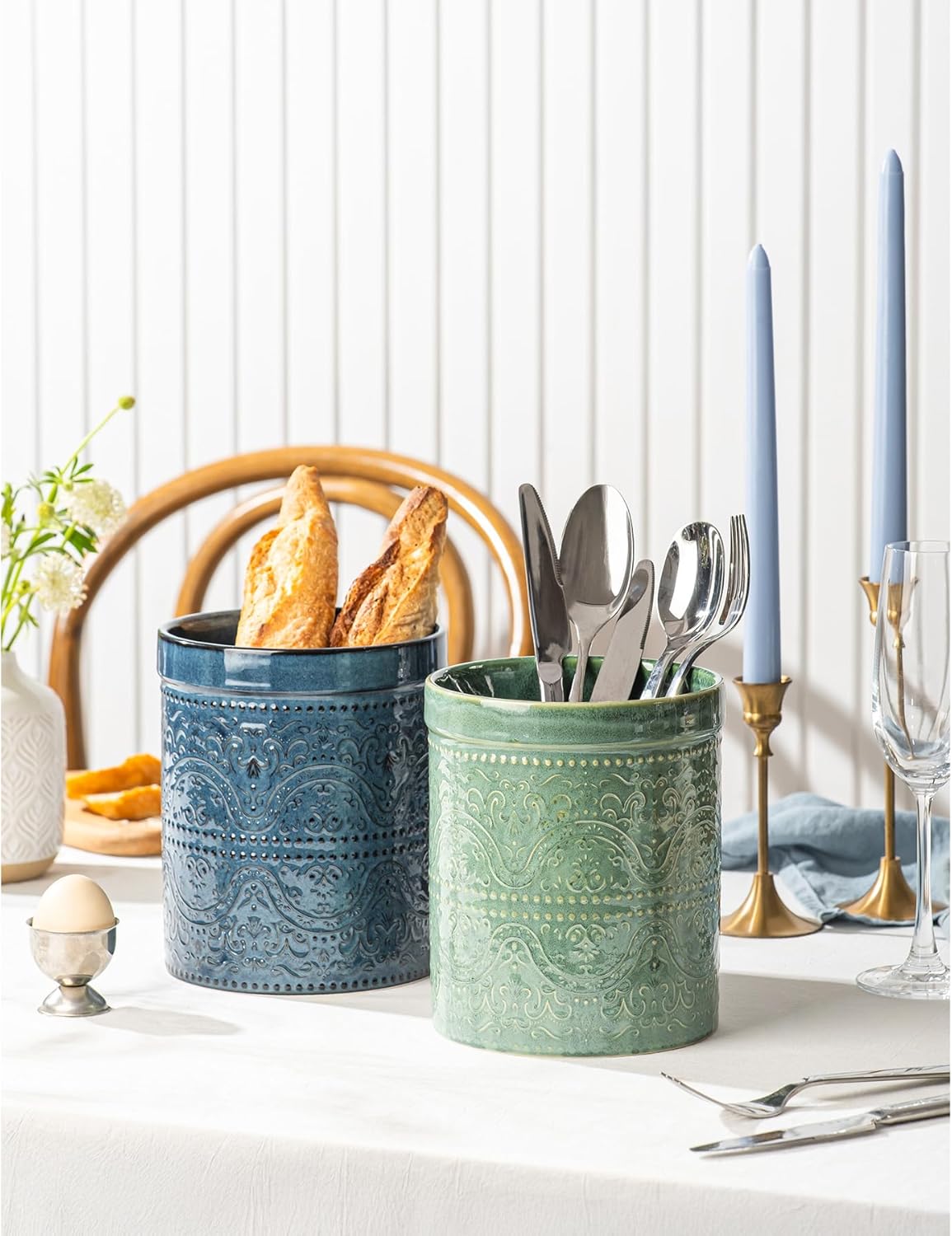 Kitchen Utensil Holder, 7 Inches Large Ceramic Utensil Holder for Countertop, Lace Emboss Cooking Utensil Crocks for Kitchen, Home Decor, Off-White