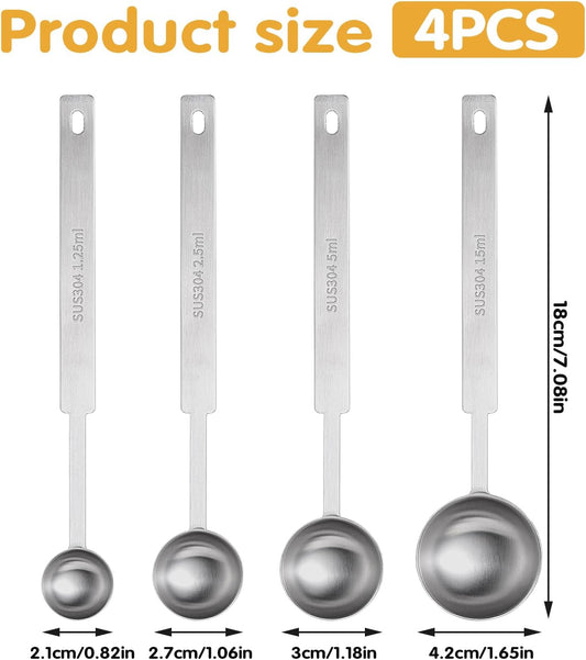 4Pcs Long Handle Measuring Spoons Set, 7 Inches Stainless Steel Measuring spoon Tablespoon Teaspoon Coffee Scoop for Cooking Baking