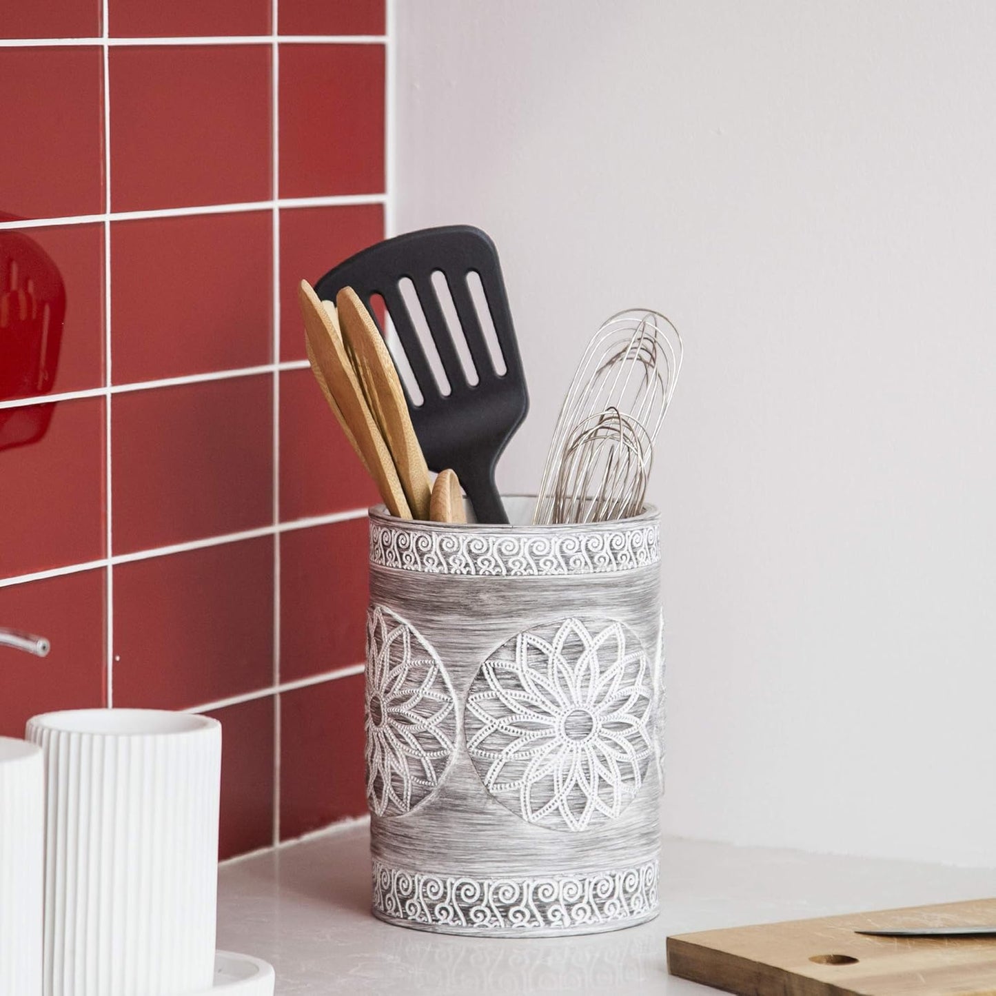 Kitchen Utensil Holder for Countertop, Grey Sunflower - Utensil Caddy countertop utensil holder Utensil Crocks for kitchen Cooking Utensil Holder Kitchen Utensils Holder Spatula Holder