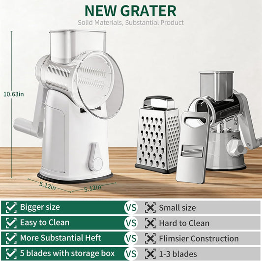 The rotary cheese grater comes with 5 blades and 3 tools: a round mandolin slicer and a food shredder. Suitable for fruits, vegetables, nuts, etc., it includes a blade storage box. (White)