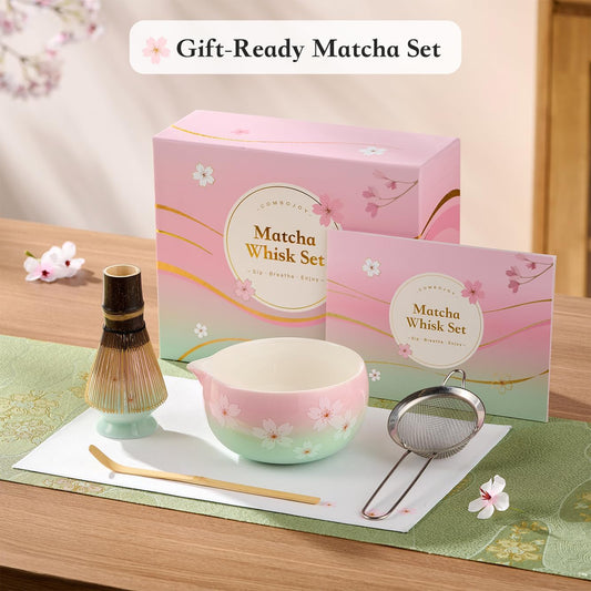 Matcha Whisk Set – Japanese Tea Ceremony Kit with Ceramic Bowl, Purple Bamboo Whisk (Chasen), Holder, Sifter & Scoop – Complete Matcha Kit, Women Gifts for Tea Lovers