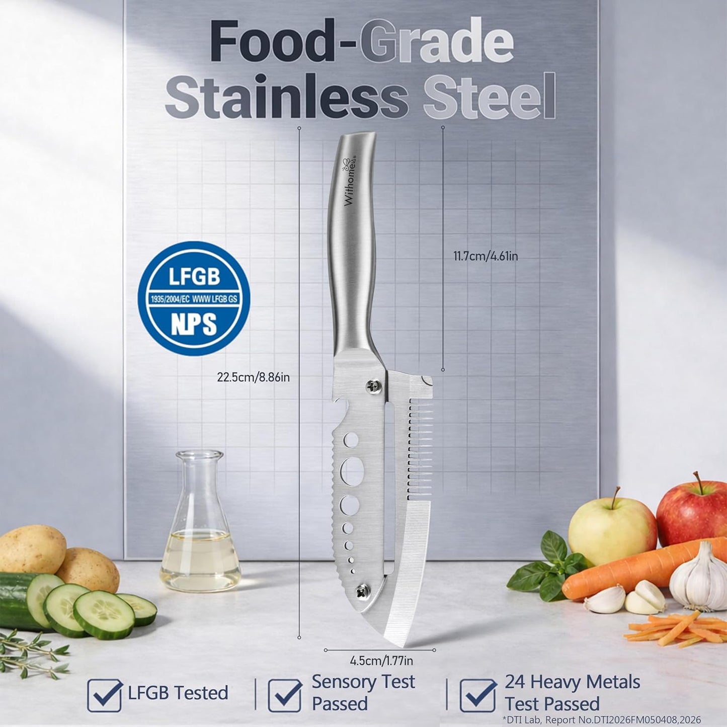 All-Stainless Steel Multifunctional Vegetable Peeler for Kitchen | LFGB-tested food-grade build, thick steel body, smooth peeling, bottle opener, dishwasher safe, right-handed