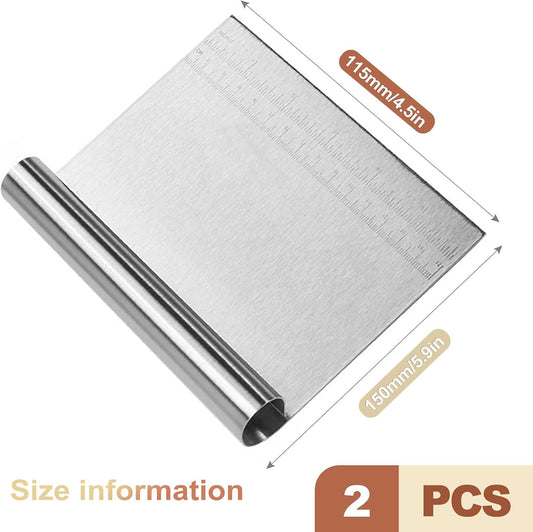 2 Pack Stainless Steel Dough Scraper Set Bench Scrapers with Measuring Marks for Bread Pizza Pastry Making Baking Supplies Kitchen Flour Cake Decorating Tools Gadgets