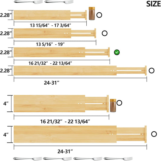 Bamboo Expandable Drawer Dividers – Fits 16.6"–22" Drawers, 2" High, Set of 4 | Spring-Loaded Bamboo Separator for Kitchen Island, Bathroom Vanity & Dresser Drawers