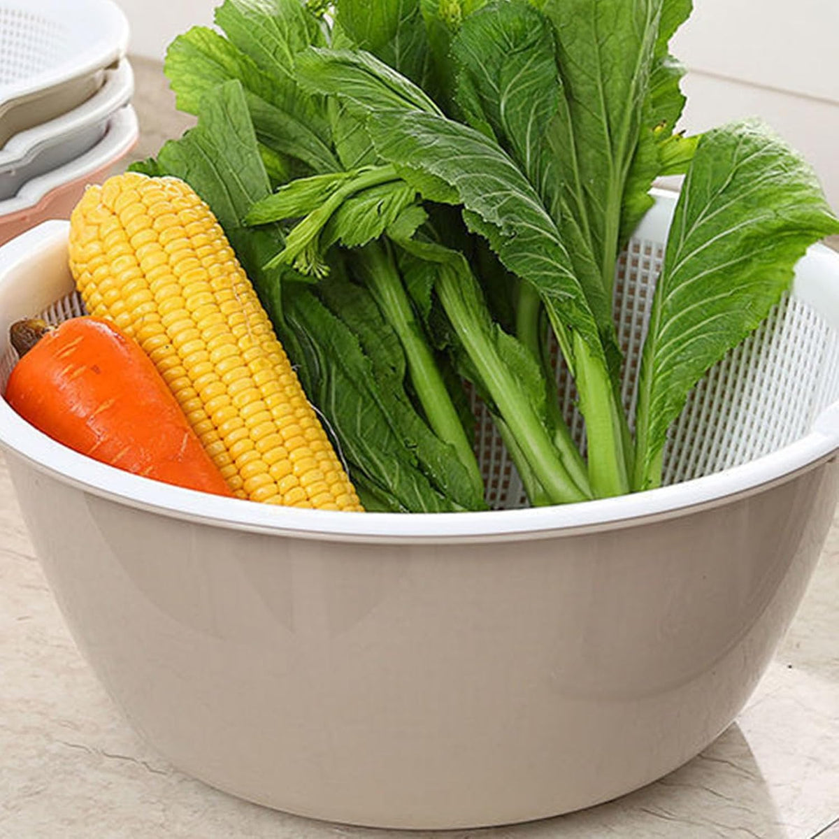 2 in 1 Kitchen Strainer Colander Bowls Set, Thickened Plastic Detachable Double Layer Drainage Basket Fruit Colander Draining Bowl Vegetable Washing Basket for Cleaning Washing(12 x 27cm