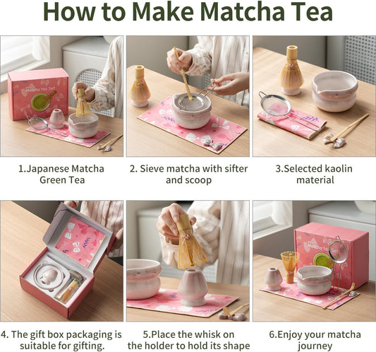 Matcha Kit 7-Pcs matcha whisk set, Measuring Spoon, Japanese Tea Making Tools,Cha, tea bowl, pink matcha set (rosy)