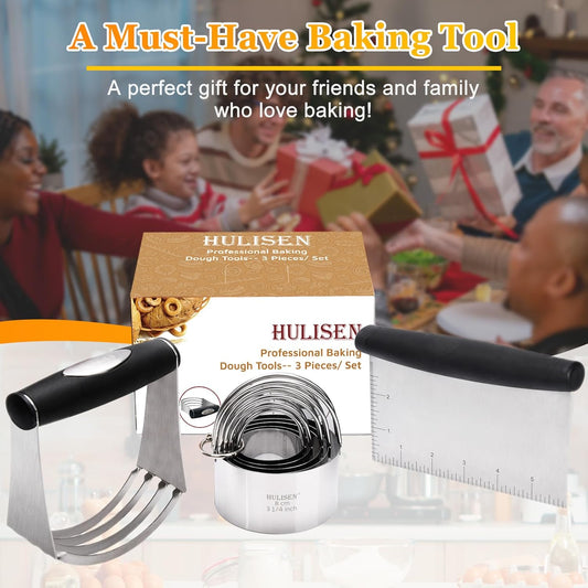 Stainless Steel Biscuit Cutter Set, Pastry Scraper and Dough Blender, Sturdy & Long-Lasting with Ergonomic Rubber Grip, Professional Baking Dough Tools, Gift Package (3 Pcs/Set)
