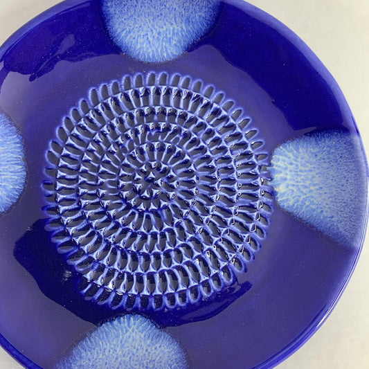 Premium Ceramic Garlic Grater Plate Set - Blue Cross Glazed | Includes 5.25" Plate, Peeler, Brush, and Stand - For Strawberries, Ginger, Chocolate, Cheese, and more - Make your own puree!
