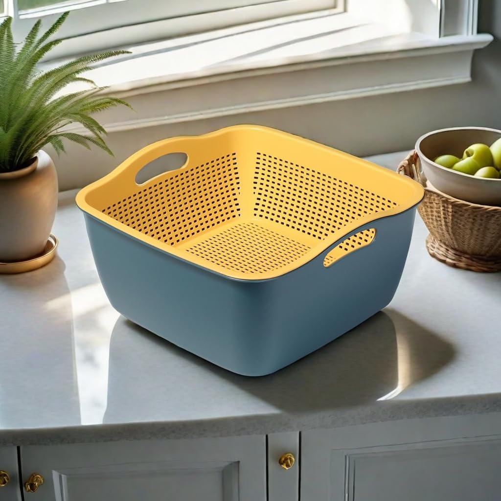 Kitchen Colander Drain Basin 2 in 1 Plastic Basket Strainer Bowl (Blue/Yellow), large