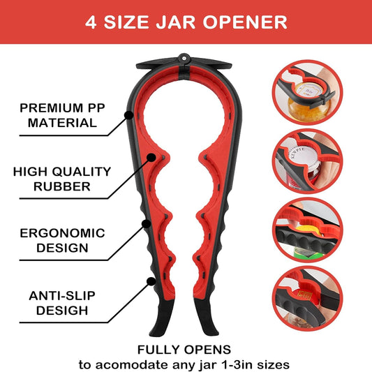 Jar Opener for Weak Hands, Seniors with Arthritis, 3 in 1 Multi Function Bottle Opener Lid Opener For Arthritic Hands with Non Slip Rubber Jar opener Gripper Pad (Red)