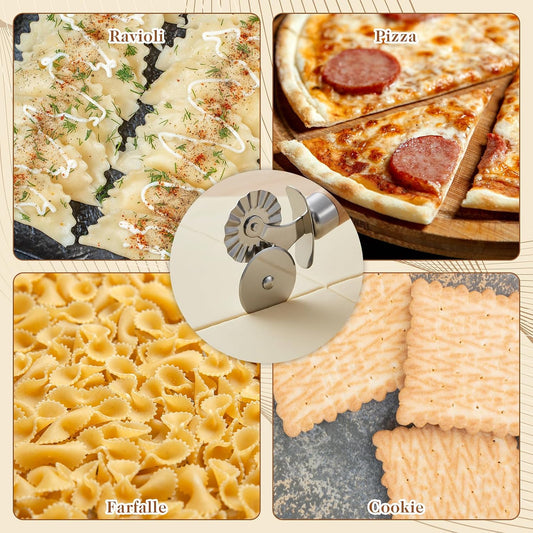 Double Wheel Pastry Cutter with Premium Wooden Handle, Stainless Steel Dual-Head Ravioli & Pasta Cutter for Pizza, Cookies, and Pasta, Multipurpose Baking Tool for Kitchen