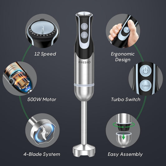 Immersion Blender Handheld, 4-In-1 Hand Blender with 12-Speeds & Turbo Mode | 500W Emulsion Blender, Egg Whisk, 24oz Beaker & Chopper Bowl, Stick Mixer for Baby Food, Smoothies, Soups & Sauces